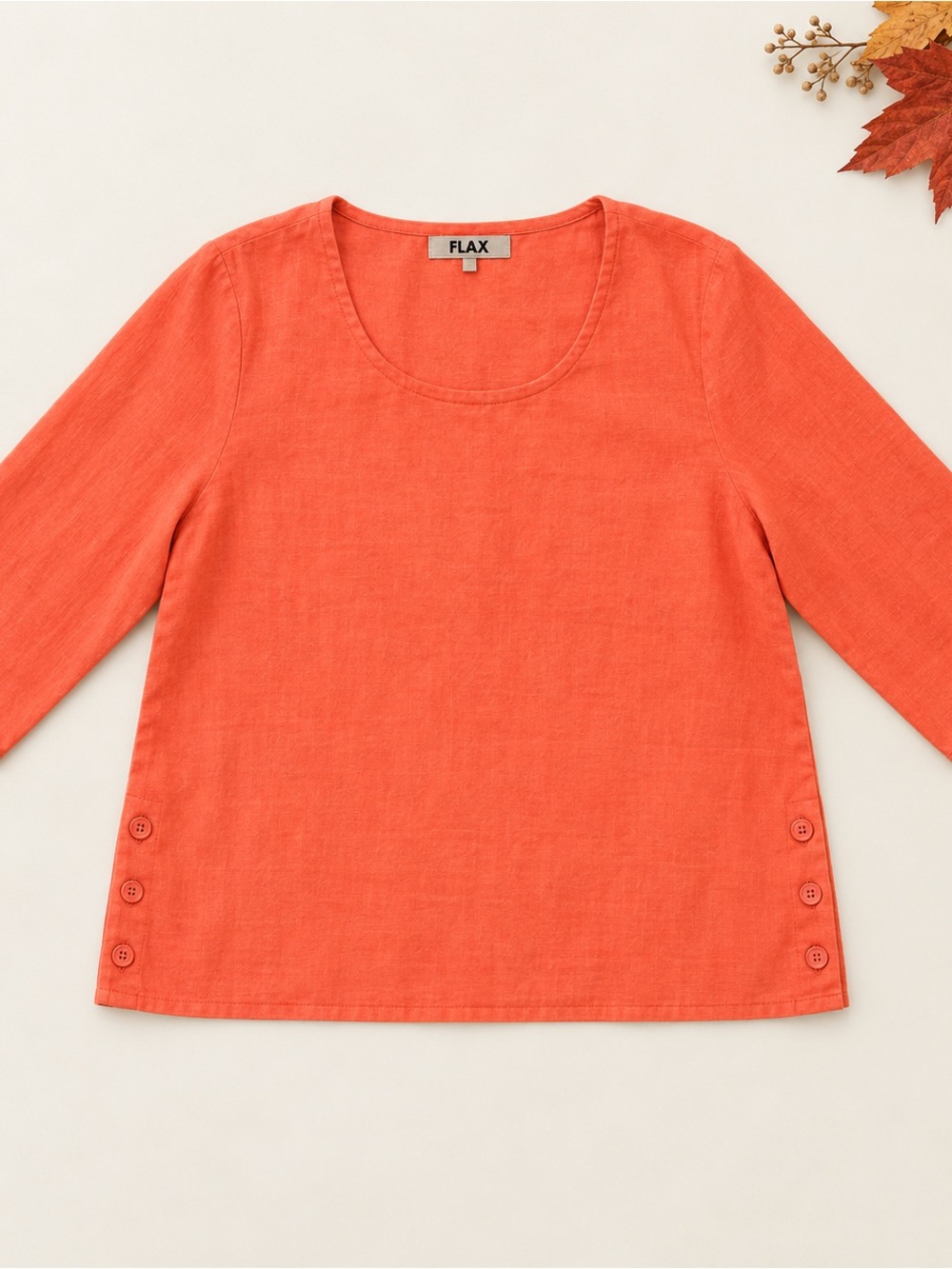 Flax 100% Linen Coral Orange Scoop-Neck Linen Top with Side Buttons